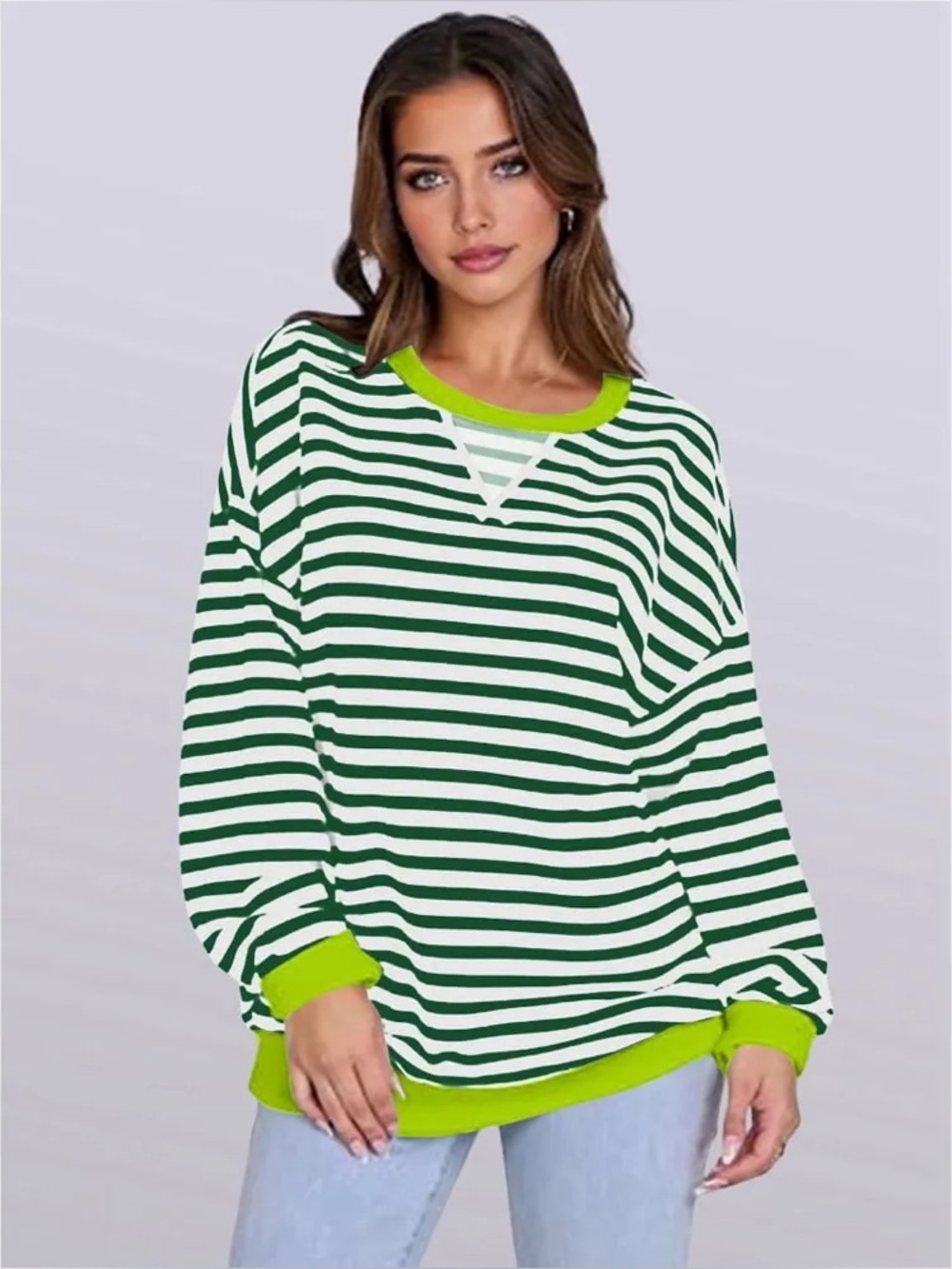 Allmloers l Striped Green & White Long Sleeve Pullover Sweatshirt